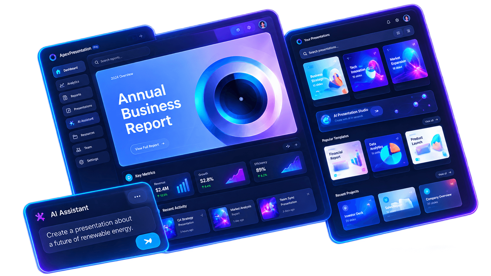 Apex Presentation dashboard showing an Annual Business Report, a presentation library, and the AI Assistant drafting a new deck